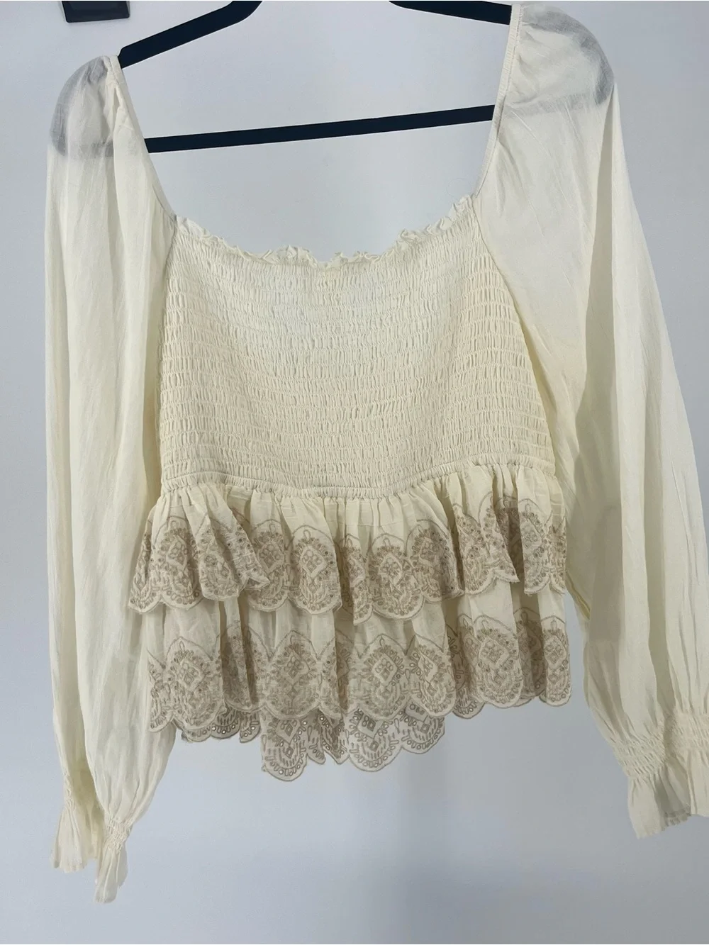 American Eagle Outfitters Cream Smocked Peasant Blouse with Embroidered Ruffle